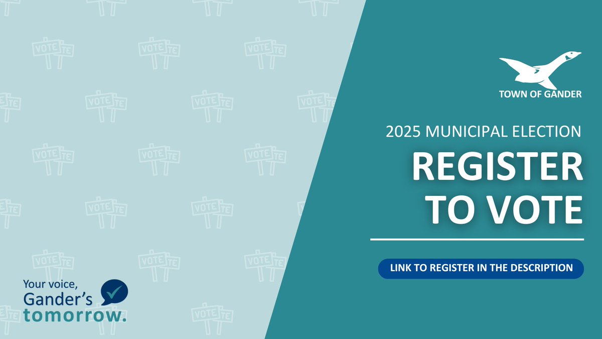 The 2025 Municipal Election will take place October 2, 2025. To have your say, make sure you’re on the voters list!

➡️REGISTER HERE: forms.office.com/r/6DhyhpBkDa

If you are a Canadian citizen, at least 18 years of age on Election Day, and have been a resident of Gander for at least