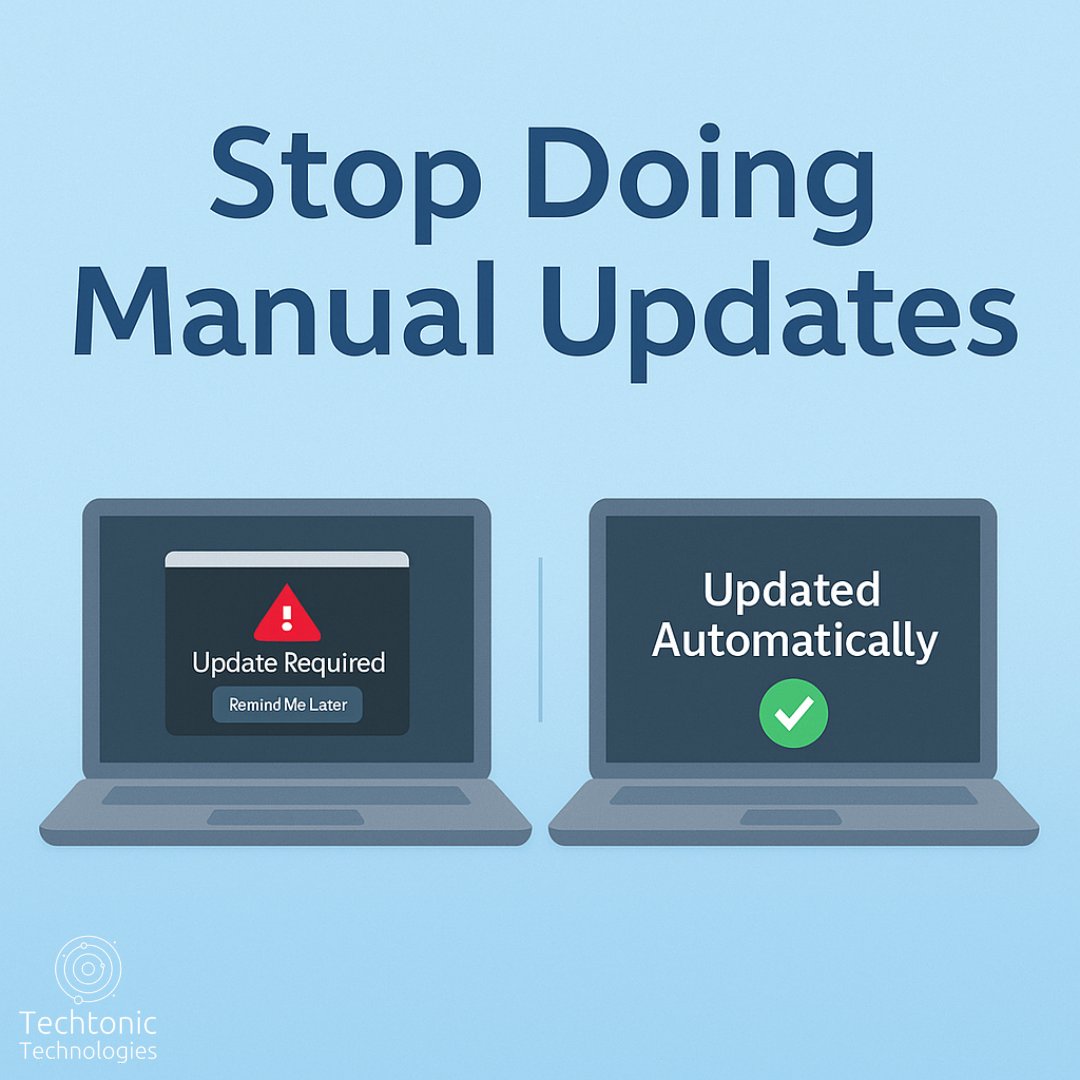 techtonictechno's tweet image. If your staff still installs updates themselves, you’re putting your business at risk:

-Missed patches leave security holes
-Staff click “remind me later” and forget
-Updates interrupt work

We handle updates for you by pushing them to every device automatically, off-hours.