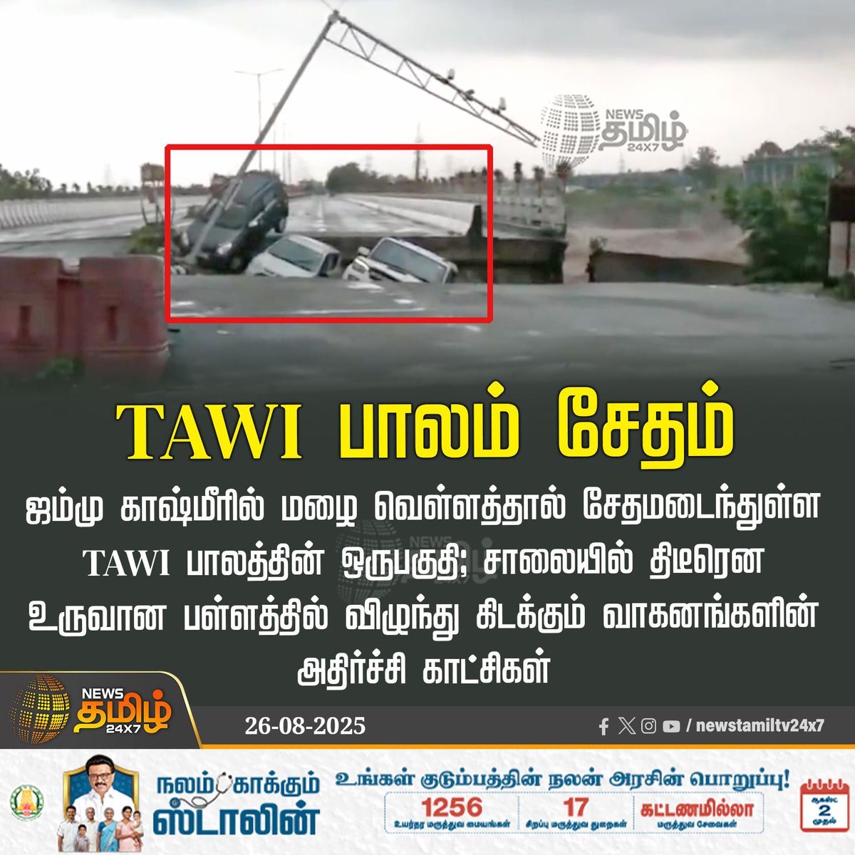 NewsTamilTV24x7's tweet photo. #NewsUpdate | TAWI பாலம் சேதம்
ஜம்மு காஷ்மீரில் மழை வெள்ள்ளத்தால் சேதமடைந்துள்ள TAWI பாலத்தின் ஒருபகுதி; சாலையில் திடீரென உருவான பள்ளத்தில் விழுந்து கிடக்கும் வாகனங்களின் அதிர்ச்சி காட்சிகள்
#jammukashmirrain #tawibridge #collapsedone #Incident #Shockingvideo #TamilNews #NewsTamil #NewsTamil24x7