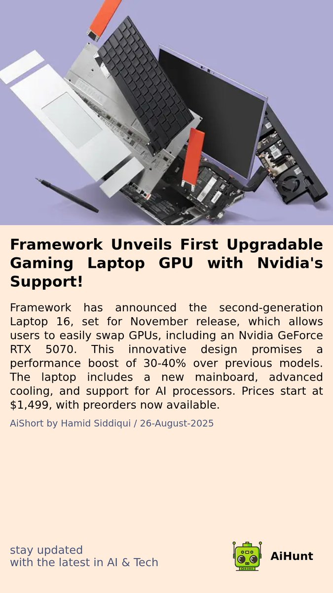 aihuntapp's tweet image. 🚀 Get ready for a game-changing release! Framework just teased something BIG that could redefine your computing experience. GPU swaps? Enhanced performance? 💻✨ Prices starting at $1,499! Are you ready for November? #TechRevolution #FrameworkLaptops
