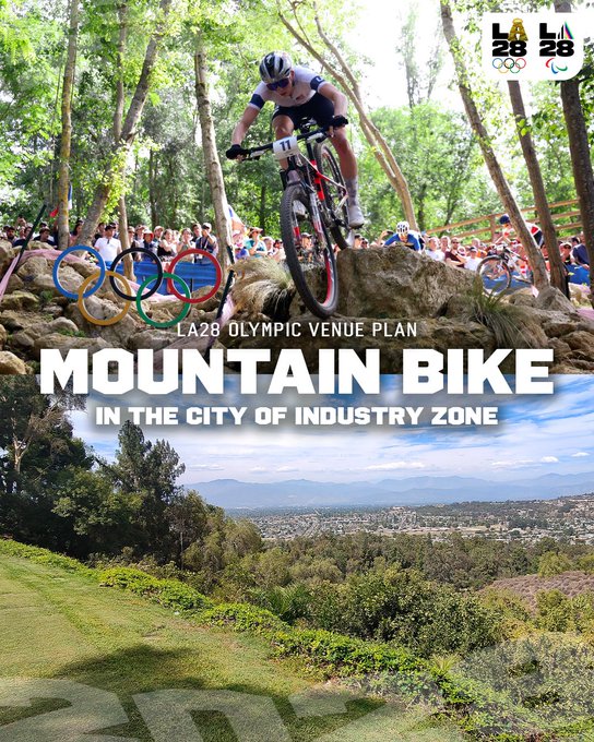 A two panel graphic featuring the venue for Olympic mountain biking. On the top panel, it features Team USA mountain biker, Haley Batten. On the bottom panel, it shows a picturesque view of the City of Industry. Across the center of the graphic, the words “Mountain Bike in the City of Industry” is written in bold white font.