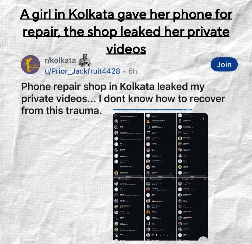 bloody_media's tweet image. A girl in Kolkata gave her phone for repair

The shop leaked her private videos

Since then, she’s been harassed nonstop with thousands of messages, lost her peace of mind, and even her parents stopped talking to her

Must Read Thread, Especially If You’re a Woman 🧵