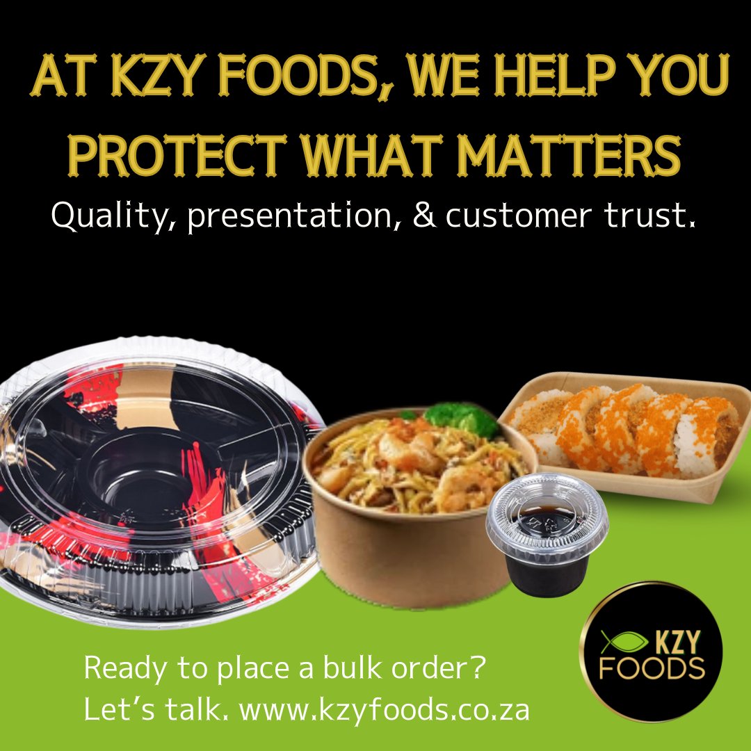 At KZY Foods, we help you protect what matters: quality, presentation &amp; trust.

From sushi trays to bowls &amp; sauce cups — packaging built for fast-moving wholesale &amp; retail.

📦 Order now: kzyfoods.co.za | Nationwide Delivery
#KZYFoods #WholesalePackaging #FoodPackaging