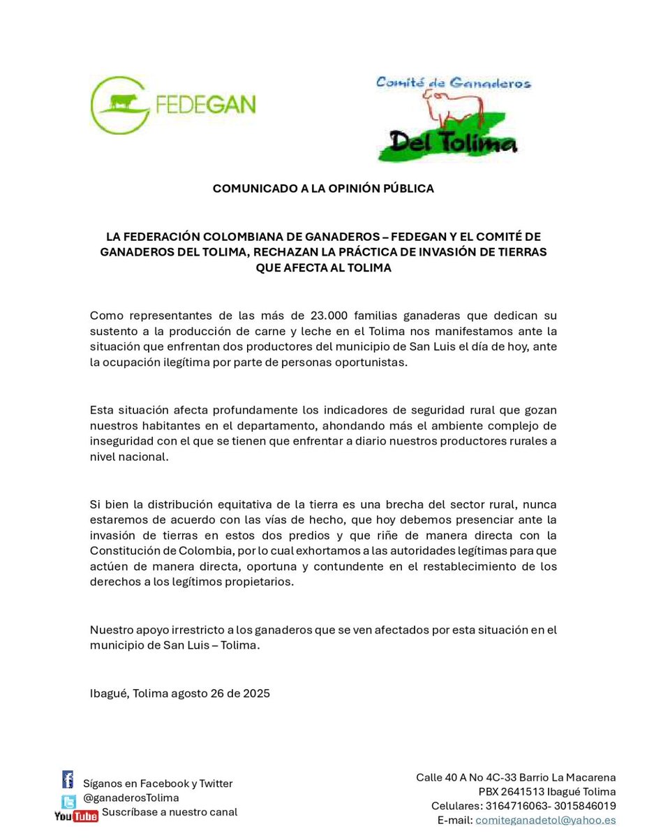 Desde el proyecto local Ibagué manifestamos nuestro rechazo por este tipo de actos que lo único que hacen es generar más violencia...NO a la ocupación ilegítima.
⁦<a href="/Fedegan/">FEDEGAN</a>⁩
@ibaguepasionganadera
⁦<a href="/jflafaurie/">José Félix Lafaurie</a>⁩
@comiteganaderosdeltolima
#SOSGanadeto