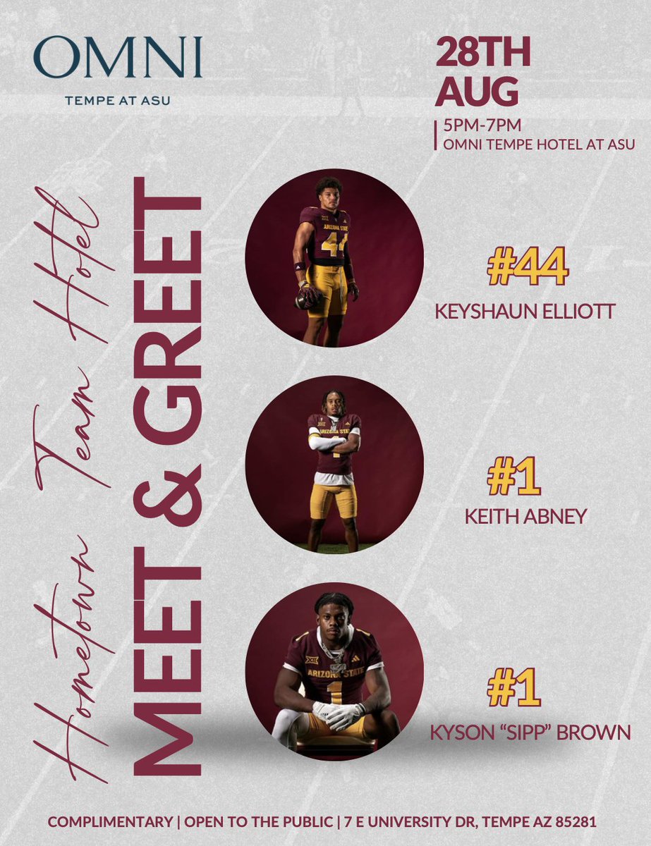 Meet and Greet Thursday at Omni in Tempe 5-7.-
-three great dudes
-two of the Foundational Five and a "thank goodness  we got him" transfer
-Omni Hotel in Tempe from 5-7
<a href="/KysonBrown11/">ŠĮPP¥¥🎬</a> <a href="/keithabneyjr/">K1</a> <a href="/8Keyshaun/">Keyshaun Elliott</a>