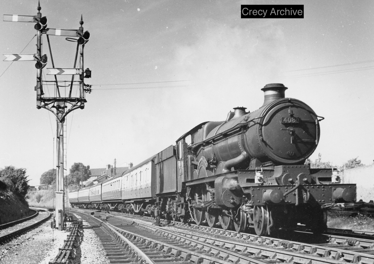 I've been busy with the scanner this afternoon. For starters, No 4080 Powderham Castle, then allocated to Westbury, is seen at Dorchester Junction with a Paddington to Weymouth train in August 1951.