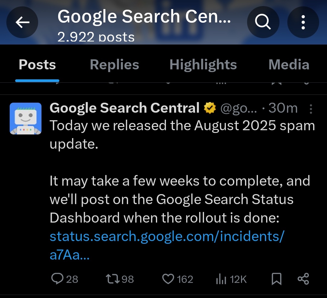 nileshpansuriya's tweet image. 🚨 Today, Google rolled out its August 2025 Spam Update — a global update impacting all languages. The rollout began August 26 and is expected to take a few weeks to complete.
#SEO #GoogleUpdate #SpamUpdate #SearchMarketing #DigitalStrategy #August2025Update