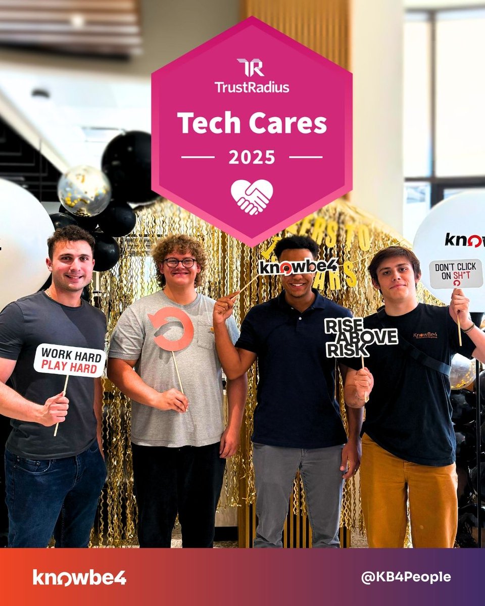 KB4People's tweet image. We&apos;re beyond honored to announce that KnowBe4 has been awarded the prestigious Tech Cares Award by Trust Radius!  Thank you for being a part of our journey as we continue to prioritize excellence and compassion in all that we do. 🤎🎉 

#KnowBe4 #KB4People #TechCares #TrustRadius