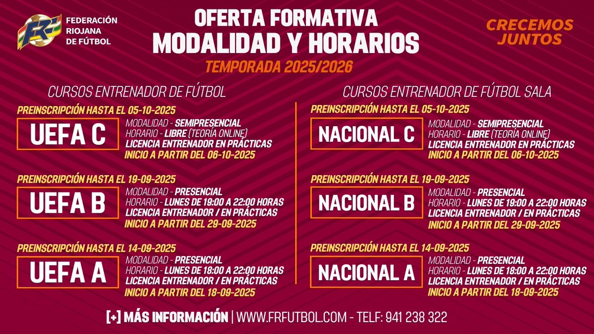 🏛️🎓⚽️ OFERTA FORMATIVA <a href="/fedriojafutbol/">Federación Riojana de Fútbol</a> 2025-2026 para entrenadores. 

ℹ️ Toda la información (cursos, fechas de inscripción, inicio, final...) en 

🔗frfutbol.com/pnfg/NNws_ShwN…

#FormacionFRF
#CrecemosJuntos