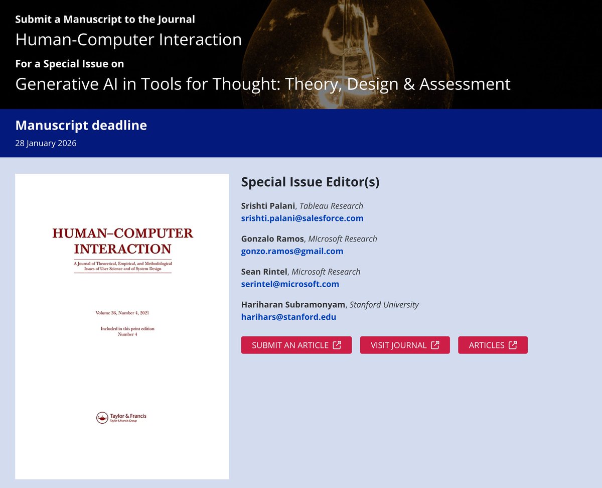 📢 AI is changing the way we create, learn, &amp; reason.
But is it augmenting human cognition, or dulling it?

Please submit your ideas to our #HCI Special Issue: Generative AI in Tools for Thought.

Abstract Deadline: Oct 10, 2025 → tinyurl.com/t4tcfp