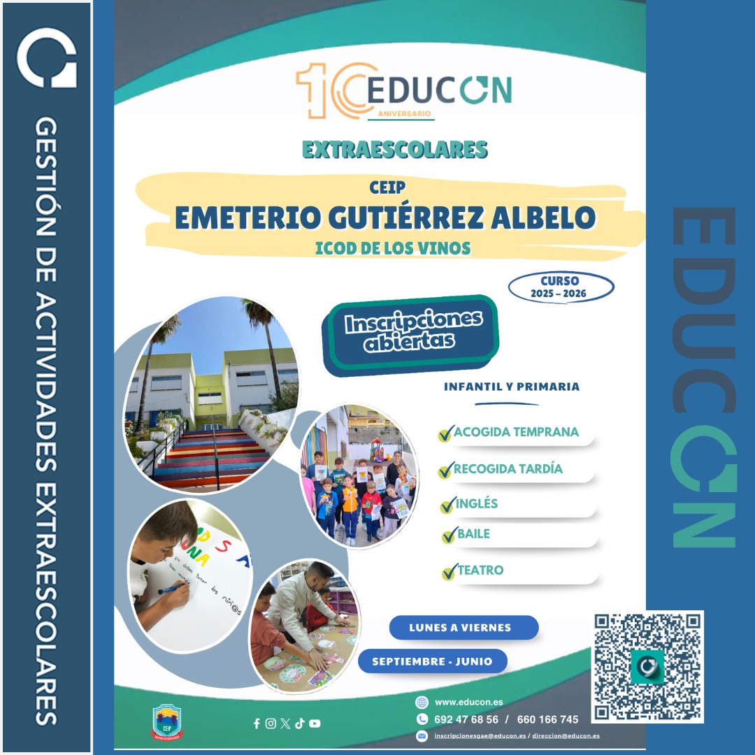 🎈 ¡Este curso, aprende, juega y crece con EDUCON en el CEIP Emeterio Gutiérrez Albelo!
Gracias por seguir confiando en nosotros para acompañar a sus hijos/as en esta etapa tan importante. 💙
🌐 Inscripciones abiertas en: educon.es/inscripciones
