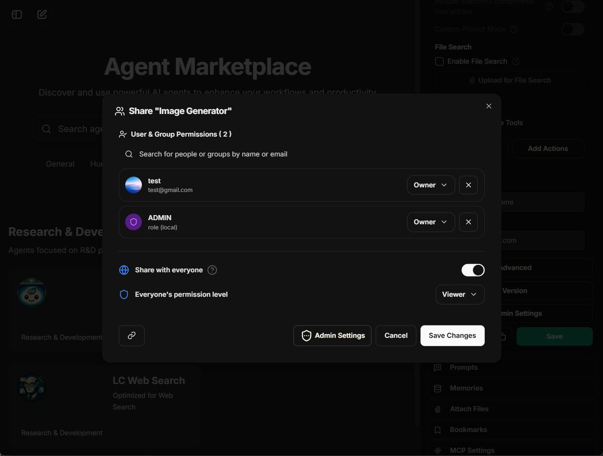 LibreChatAI's tweet image. LibreChat v0.8.0-rc3 is out now with highly anticipated features!
🔐 Granular permissions - Share prompts/agents with specific users, groups, roles, or everyone!
🏪 Agent marketplace - Discover, categorize, and share AI agents
📜 Full changelog:
librechat.ai/changelog/v0.8…