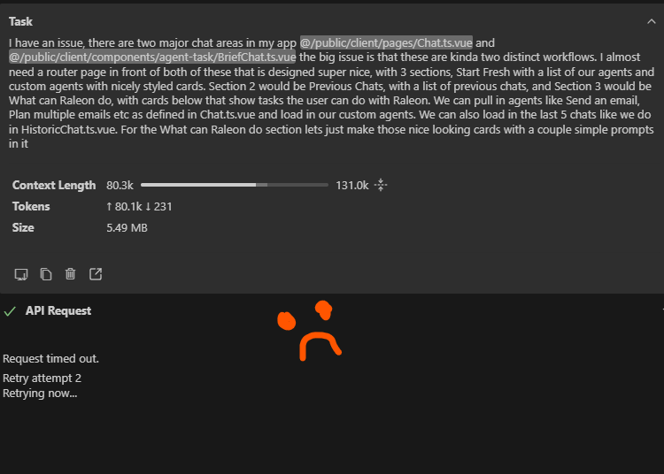 So fascinating what I've discovered when only using local models to code.

My biggest take away, is we need adjustable api timeouts in AI coding tools. I think some of this might be the default timeout of fetch, but there is nothing more painful than having a task run only to