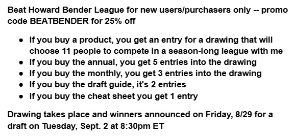 Howard Bender (@rotobuzzguy) on Twitter photo Don't miss your chance to go head-to-head with me in a 12-team PPR #fantasyfootball league this year!
It's the Welcome to the #FAmily League!
For all new <a href="/FantasyAlarm/">Fantasy Alarm</a> monthly/annual subscribers & purchasers of our #NFL Draft Guide and/or Cheat Sheet!
Details & link below: Don't miss your chance to go head-to-head with me in a 12-team PPR #fantasyfootball league this year!
It's the Welcome to the #FAmily League!
For all new <a href="/FantasyAlarm/">Fantasy Alarm</a> monthly/annual subscribers & purchasers of our #NFL Draft Guide and/or Cheat Sheet!
Details & link below: