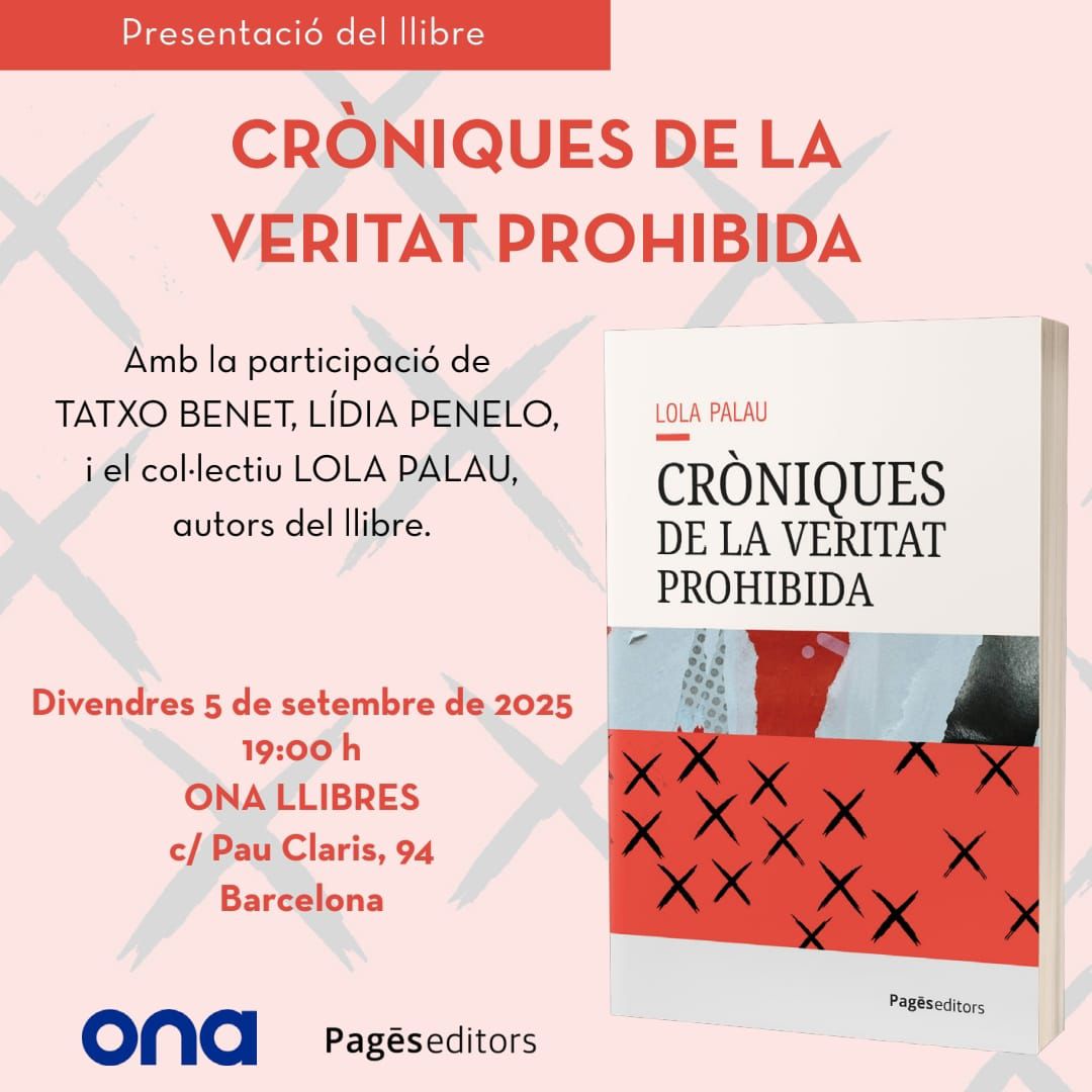 Antoni Pladevall (@antonipladevall) on Twitter photo RENTRÉE LITERÀRIA. El divendres 5 de setembre <a href="/OnaLlibres/">Ona Llibres</a> acollirà la presentació de "Cròniques de la veritat prohibida", el nou llibre del col·lectiu Lola Palau que aplega 12 relats basats en peces del Museu de l'Art Prohibit. <a href="/PagesEditors/">Pagès Editors</a> <a href="/solamestres/">montse mestres</a> <a href="/pduocastella/">Pilar Duocastella</a> <a href="/MadGriff24/">MadGriff</a> RENTRÉE LITERÀRIA. El divendres 5 de setembre <a href="/OnaLlibres/">Ona Llibres</a> acollirà la presentació de "Cròniques de la veritat prohibida", el nou llibre del col·lectiu Lola Palau que aplega 12 relats basats en peces del Museu de l'Art Prohibit. <a href="/PagesEditors/">Pagès Editors</a> <a href="/solamestres/">montse mestres</a> <a href="/pduocastella/">Pilar Duocastella</a> <a href="/MadGriff24/">MadGriff</a>