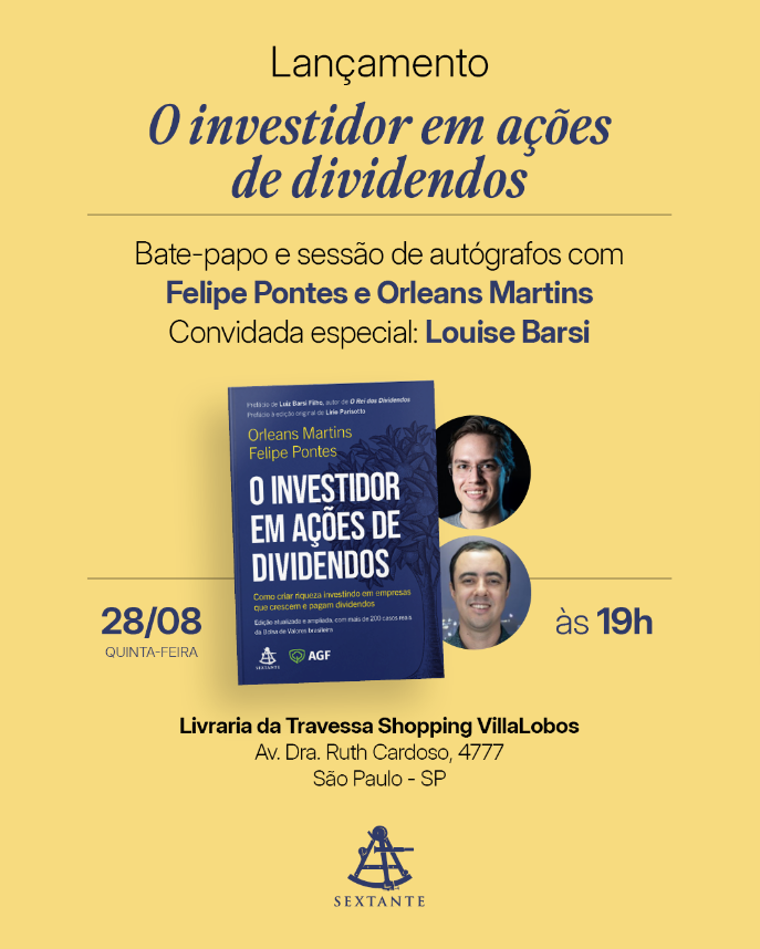 Nesta quinta-feira (28/08) estarei com <a href="/OrleansMartins/">Orleans Martins</a> e Louise Barsi no evento de lançamento da 2a edição de O Investidor em Ações de Dividendo.  

O evento é gratuito e ocorrerá em São Paulo, na Livraria da Travessa no Shopping Villa Lobos às 19h.

Aguardamos vocês lá!