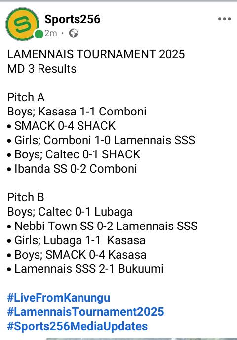 WAXX (@iamwaxx14) on Twitter photo Today's Results
LAMENNAIS TOURNAMENT 2025
#Sports256MediaUpdates
<a href="/PaulMukatabala/">Paul Mukatabala</a>
<a href="/OfficialFUFA/">FUFA</a>
<a href="/ashraftumwesigy/">Raf</a>
<a href="/edwinpaul256/">Loaded Dude ぷ</a>
<a href="/ShackTimes/">K I T O V I A N S </a> Today's Results
LAMENNAIS TOURNAMENT 2025
#Sports256MediaUpdates
<a href="/PaulMukatabala/">Paul Mukatabala</a>
<a href="/OfficialFUFA/">FUFA</a>
<a href="/ashraftumwesigy/">Raf</a>
<a href="/edwinpaul256/">Loaded Dude ぷ</a>
<a href="/ShackTimes/">K I T O V I A N S </a>