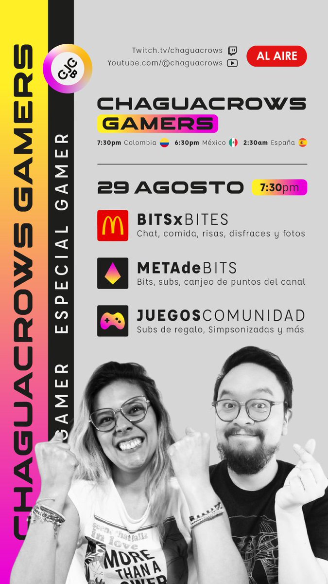 Ya viene #BitsxBitesMcd. Queremos invitarlos este viernes 29 de agosto a las 7:30 pm, Colombia, a compartir en el especial "Chaguacrows Gamers". Habrán juegos con la comunidad y por supuesto, no puede faltar la comida, esta vez será con Mcdonalds Mx #twitchlatam #twitchcolombia