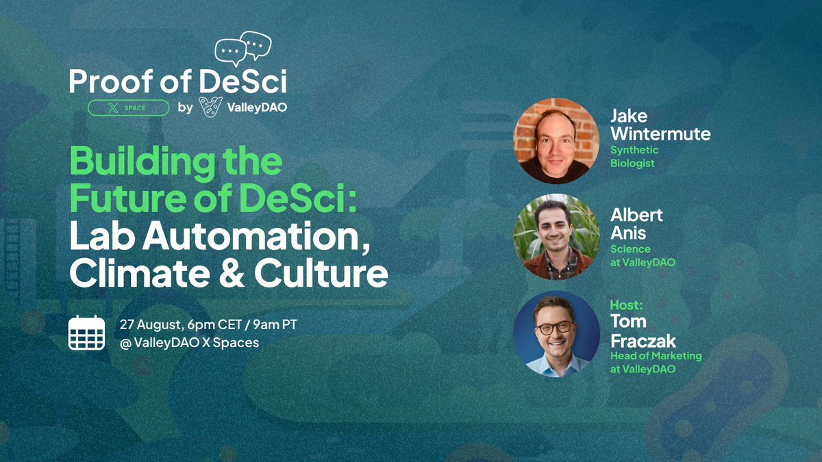 valley_dao's tweet image. 🚨 Proof of DeSci Tomorrow!
We’ll be hosting @SynBio1, synthetic biologist & educator!
Topics on the table:
🔬 Lab automation & DeSci
🌍 Climate science & adoption
😂 Science, memes & communication
$GROW $HEMPY