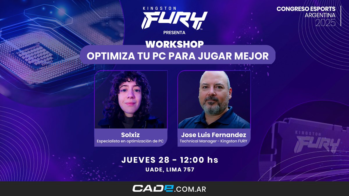 📢¿Querés que tu PC rinda como nunca?

En un día lleno de paneles, vas a tener un workshop exclusivo de optimización de PCs con <a href="/solxiz/">solxiz</a> y José Luis Fernández (Technical Manager Kingston)

🔥Presentado por <a href="/KingstonLatam/">Kingston Latam</a>

📅Faltan 2 días!
Registrate gratis➡️cade.com.ar/congreso