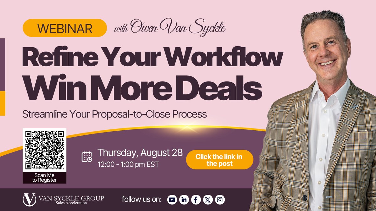 OwenVanSyckle's tweet image. 🚨 2 days to go!
 
Owen Van Syckle breaks down how to stop losing deals after the proposal.

Topic: Improving Win Rates by Refining Your Proposal-to-Close Workflow
🗓 Aug 28 | 12 PM ET
🎟️ Register → us02web.zoom.us/meeting/regist…

#SalesTips #FunnelFix #ProposalToClose