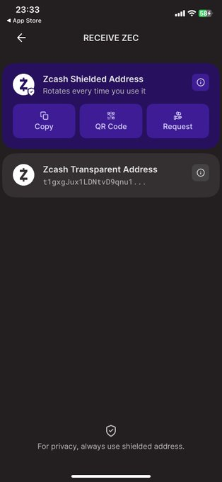 #Zcash gives you freedom:
Shielded = private
Transparent = public

My address -> u15zw49avk400avp3rnecphr93l4uefxnexrjdfmpl54trdfz0l9wz9f3adnr62pd72swcxge8c2mes05887kuf7rwhay6tvsf68vcfk2h0zsvymmuylayeqw86c046y0pj2a8l35pv83z9pwxsqzv08cnnn6e302hpl9jnmx08cdq9kln