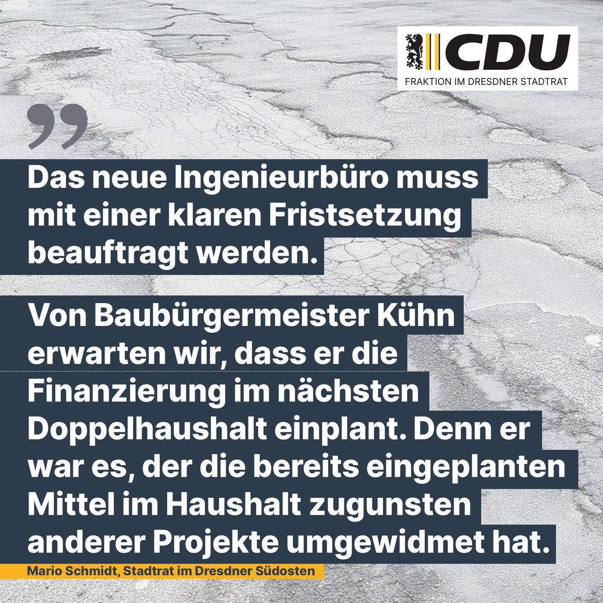Die Gostritzer Straße gehört zu den schlechtesten Straßen in ganz Dresden, die grundhafte Sanierung wurde vom Stadtrat schon 2014 beschlossen. Die Stadtverwaltung teilt nun mit, dass sie einen Baubeginn Ende 2027 anstrebt.
Dazu Stadtrat Mario Schmidt: ▶️ dresden-cdu.de/aktuelles/2025…