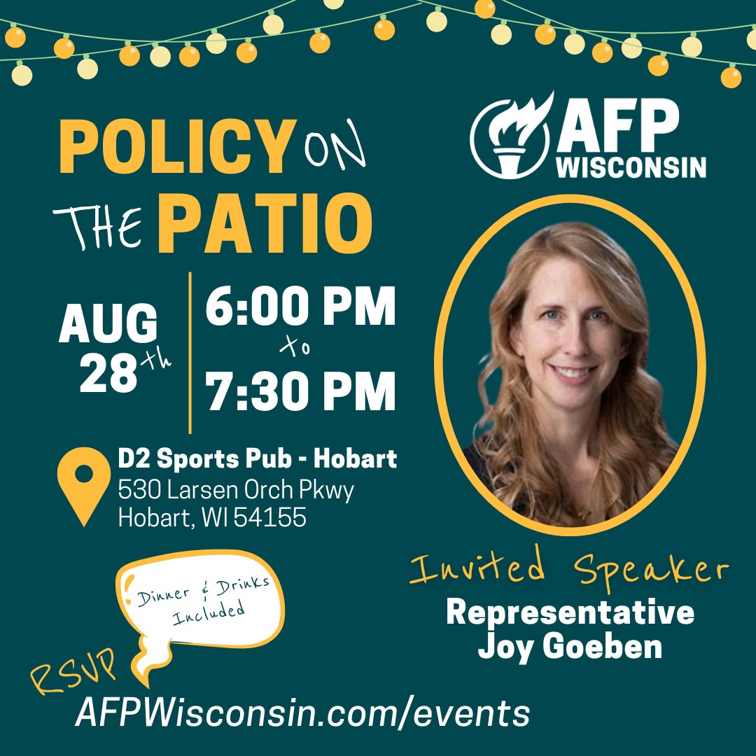 AFPWI's tweet image. Join us with State @RepGoebenWI for a dynamic conversation on the issues shaping the future of our state. 

Enjoy a beautiful evening on the patio with great food, drinks, and meaningful dialogue about how we can move Wisconsin forward together.

 📆 Aug 28, 6-7:30PM
 📍 D2…