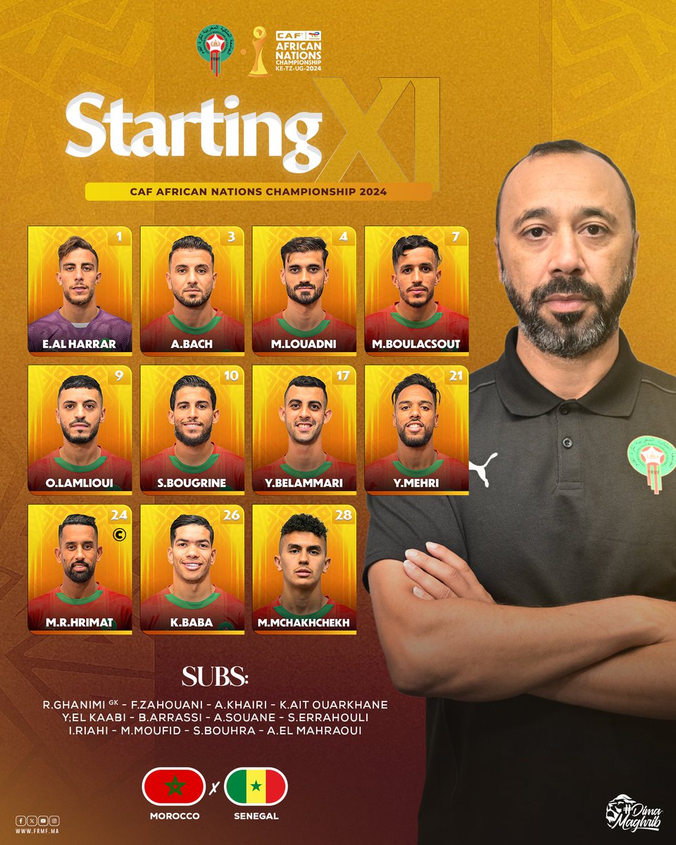 تشكيلة المنتخب المغربي المحلي 👥 
أقل من نصف ساعة تقريبا وألتقيكم إن شاء الله مباشرة على بي ان سبورتس 6 ⏳