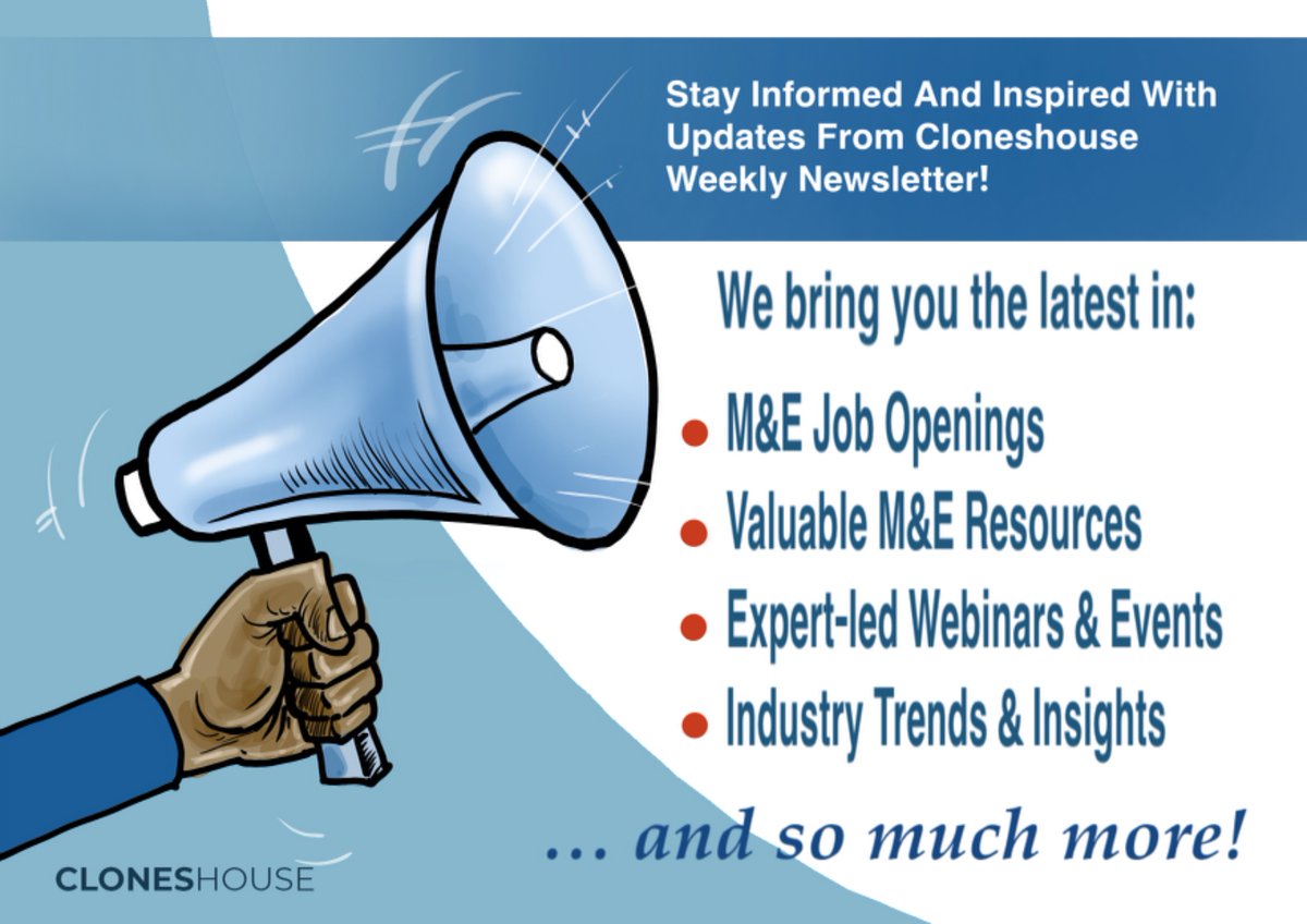 Cloneshouse (@cloneshouse) on Twitter photo 🚨 New #MEL Job Openings!
Jhpiego: MERL Sr. Advisor | Abuja, Nigeria
IRC: MEAL Advisor, Climate Resilient WASH | Nigeria & Chad
UNICEF: Qualitative Research Consultant | Remote & Mozambique
Full details in our #newsletter: sendy.cloneshouse.com/w/vrRVBO9BoSkq…
#Evaluation #JobOpportunities 🚨 New #MEL Job Openings!
Jhpiego: MERL Sr. Advisor | Abuja, Nigeria
IRC: MEAL Advisor, Climate Resilient WASH | Nigeria & Chad
UNICEF: Qualitative Research Consultant | Remote & Mozambique
Full details in our #newsletter: sendy.cloneshouse.com/w/vrRVBO9BoSkq…
#Evaluation #JobOpportunities