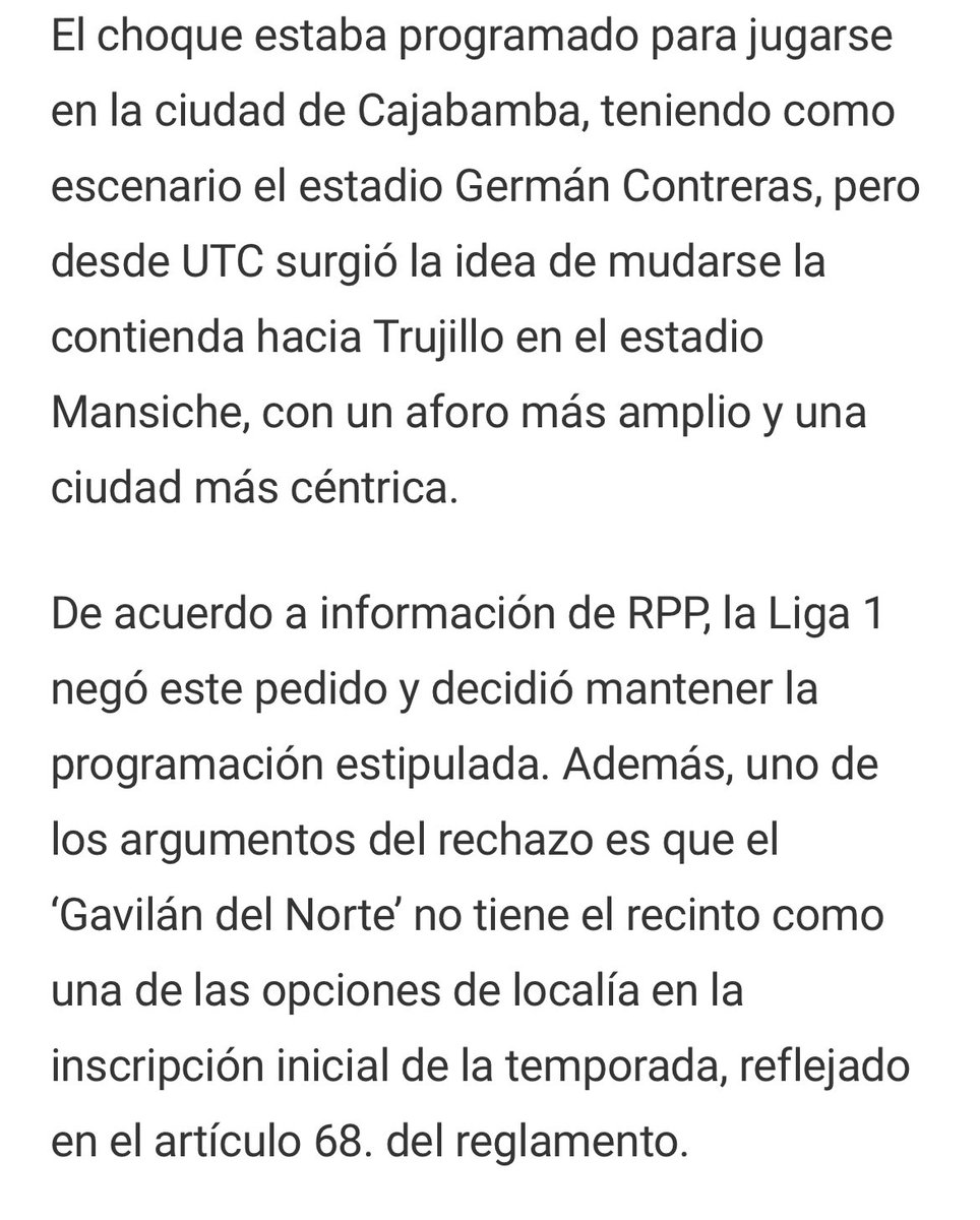 Al final del apertura, la <a href="/Liga1TeApuesto/">Liga1 Te Apuesto</a> negó el cambio de localía, aduciendo que UTC no tiene inscrita ese estadio como opción en la inscripción inicial de temporada, según artículo 68 del reglamento.

 <a href="/Gustavo_p4/">Gustavo Peralta Coello</a> menciona que contra la u si podrá 🥑🥑

x.com/rppdeportes/st…