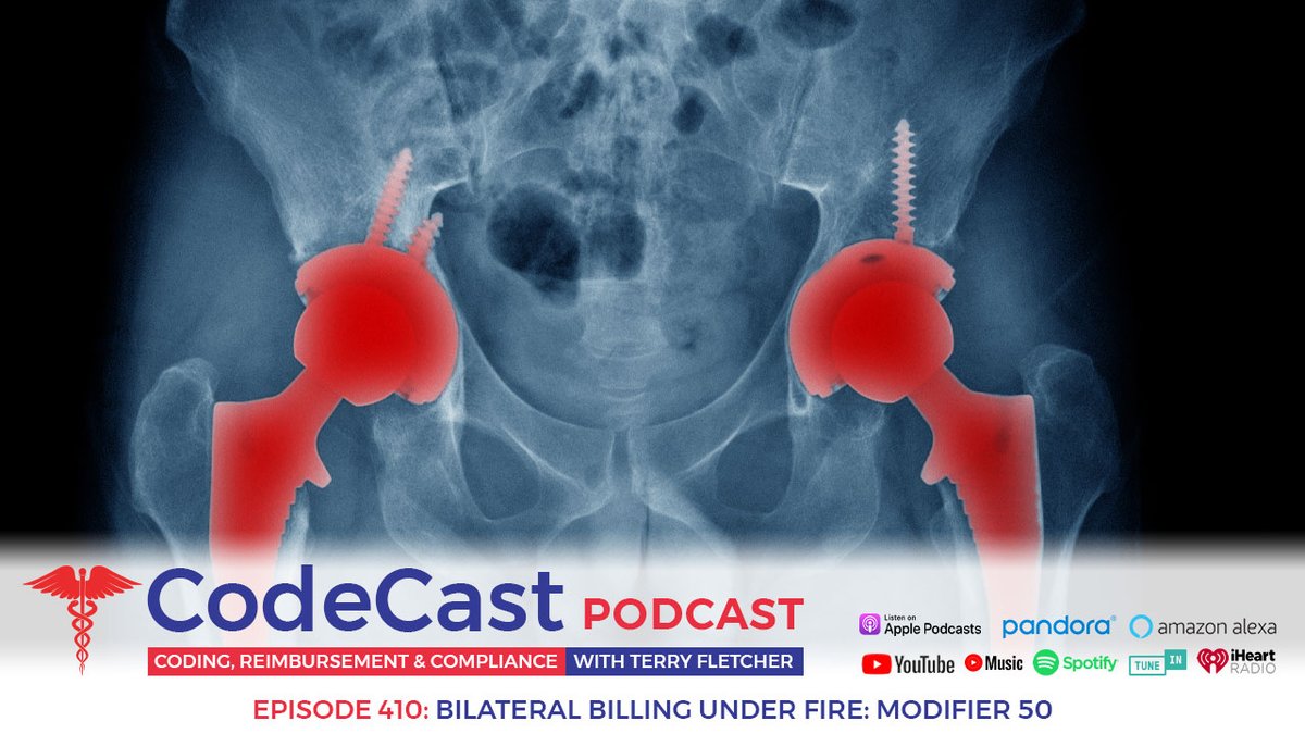 TerryCoder1's tweet image. Bilateral billing under fire! In this episode of CodeCast, Terry unpacks the clash between Medicare and commercial payers over Modifier 50. While Medicare may reimburse at 150% depending on the bilateral indicator, many payers are rejecting bilateral claims, leaving providers…