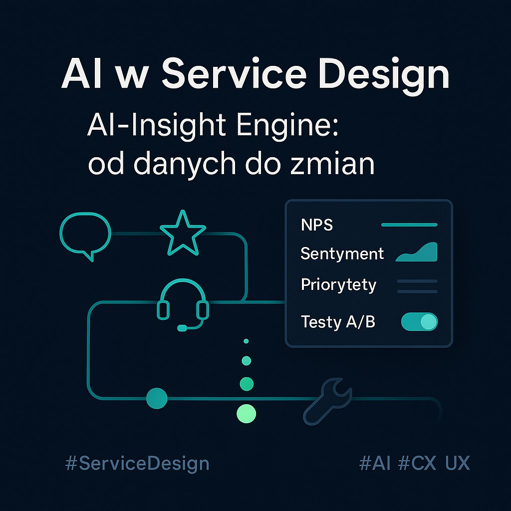 laskowski_w's tweet photo. Jak użyć AI w service design? 🚀 Zbuduj „AI-Insight Engine”: zbieraj opinie, czaty i NPS, a model sam wykryje tarcia w ścieżce Klienta, przypnie je do touchpointów i poda 5 priorytetów zmian + testy A/B. Mniej zgłoszeń, wyższy NPS, szybsze decyzje. #ServiceDesign #AI #CX #UX https://t.co/tPuhH0fHA7