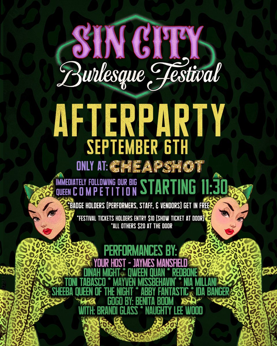 The party doesn’t stop when the curtain closes! ✨🔥

Join us for the Sin City Burlesque Festival Afterparty 🎭💋
📅 Saturday, Sept 6
📍 Cheapshot – Downtown Las Vegas
⏰ Starting 11:30PM (immediately after the Big Queen Competition)

Tickets available at cheapshotdtlv.com