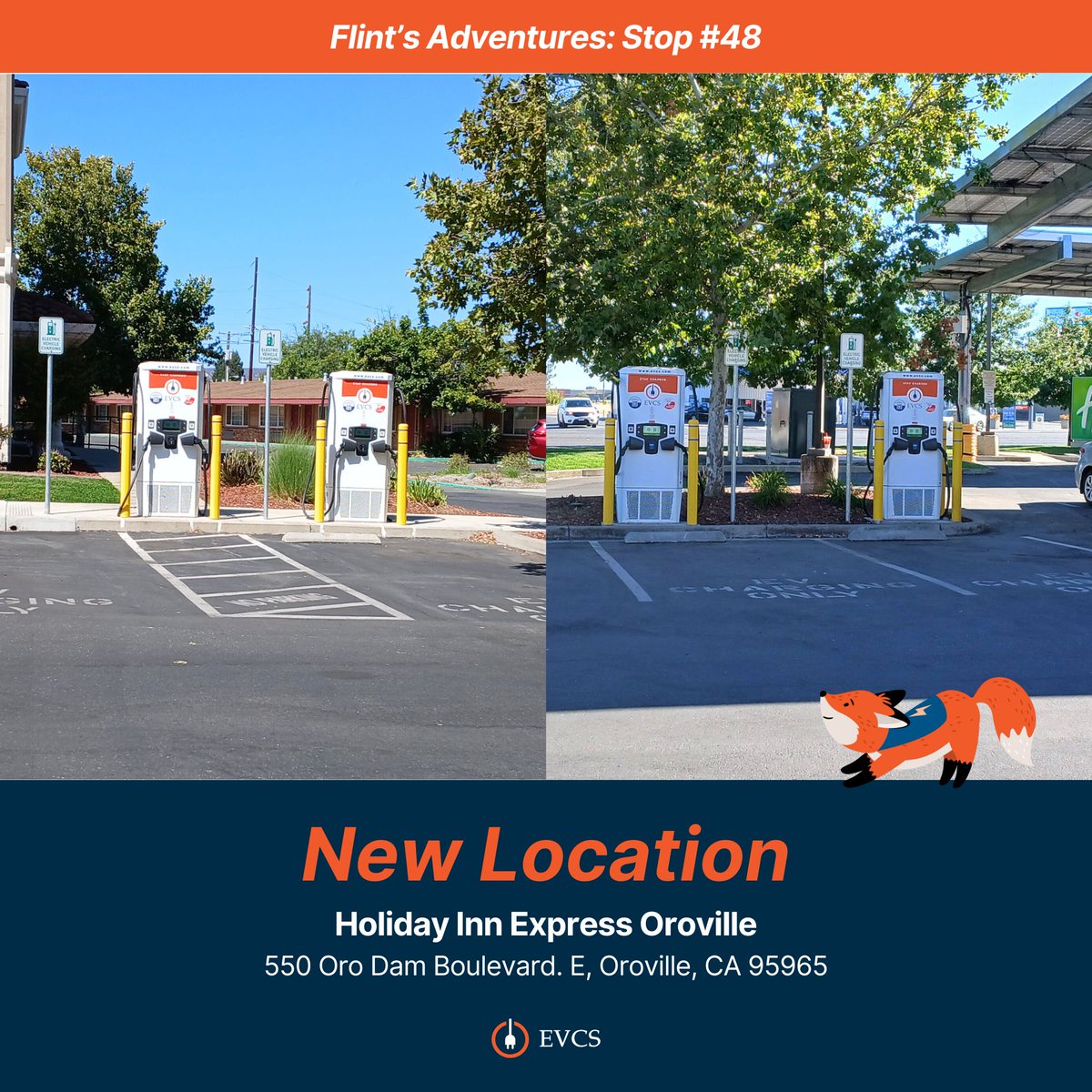 EVCSnetwork's tweet image. Charging up in Oroville, CA! 🦊⚡ Our team has commissioned 4 new DC Fast chargers and 1 Level 2 charger at Holiday Inn Express. With Lake Oroville and the Sierra foothills nearby, it’s the perfect place to plug in and explore.

#EVCS #FlintsAdventures