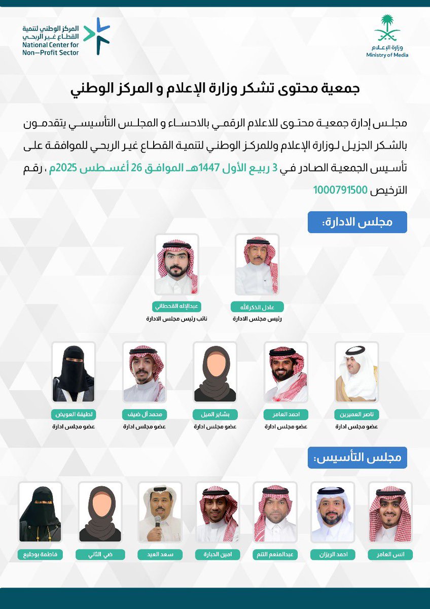 تأثير (@hasatathir) on Twitter photo #جمعية_محتوى_بالاحساء تشكر <a href="/media_ksa/">وزارة الإعلام</a> و <a href="/ncnp_sa/">المركز الوطني لتنمية القطاع غير الربحي</a> للموافقة على تأسيس الجمعية اليوم الثلاثاء 1447/3/3هـ ،و تتطلع للإسهام الإيجابي في المشهد الإعلامي الوطني. #جمعية_محتوى_بالاحساء تشكر <a href="/media_ksa/">وزارة الإعلام</a> و <a href="/ncnp_sa/">المركز الوطني لتنمية القطاع غير الربحي</a> للموافقة على تأسيس الجمعية اليوم الثلاثاء 1447/3/3هـ ،و تتطلع للإسهام الإيجابي في المشهد الإعلامي الوطني.