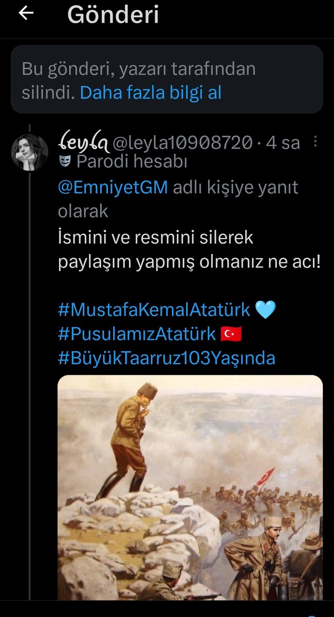 . 

Büyük Taaruzun yıl dönümünde Atatürk’ü görselden silmek nedir?

İlla tepki mi verelim?

Türkiye Cumhuriyetinin Kurucusu Büyük Önder Gazi Mustafa Kemal Atatürk'ün ne ismini ne resmini kimse yok sayamaz silemez!

Samimi değilsiniz!