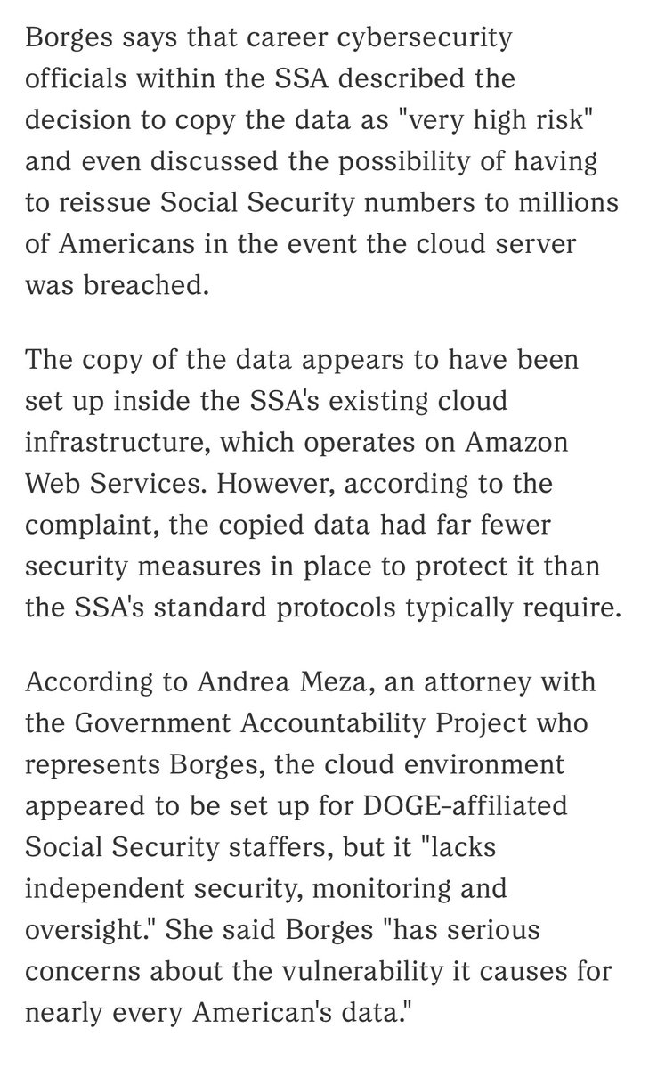 Steve Inskeep (@nprinskeep) on Twitter photo Wow. On NPR, <a href="/gbrumfiel/">Geoff Brumfiel</a> reports a Social Security official “copied the Social Security numbers, names and birthdays of over 300 million Americans to a private section of the agency's cloud.”
The source is a whistleblower, who is named: Charles Borges, SSN chief data officer. Wow. On NPR, <a href="/gbrumfiel/">Geoff Brumfiel</a> reports a Social Security official “copied the Social Security numbers, names and birthdays of over 300 million Americans to a private section of the agency's cloud.”
The source is a whistleblower, who is named: Charles Borges, SSN chief data officer.