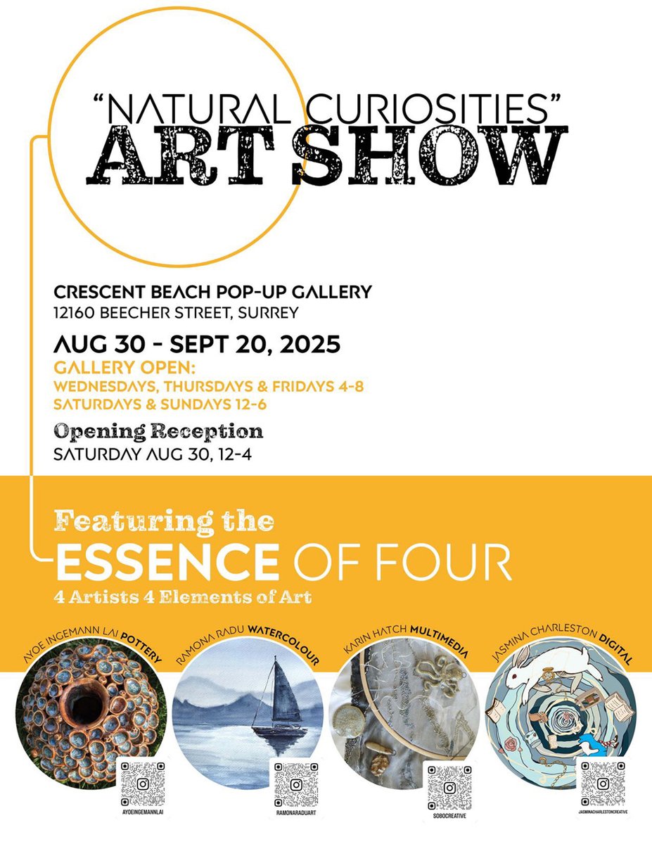 ACS RECOMMENDED... #visualarts| Crescent Beach Pop-Up Gallery presents 'Natural Curiosities' featuring the #artwork of 4 artists ...check out their QR CODES for more info on the artists | August 30 [Reception] - September 20, 2025 | See poster for details
