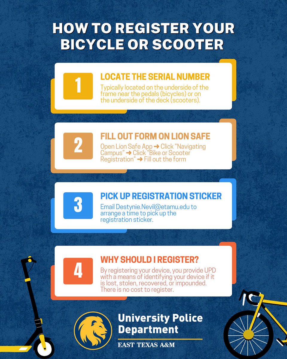 etamupd's tweet photo. Got wheels on campus? 🚲🛴 

Make sure they’re registered! 

Register your bicycle or scooter with UPD through the Lion Safe App. It’s quick, free, and helps keep your ride safe! https://t.co/eks2Hhz5XC