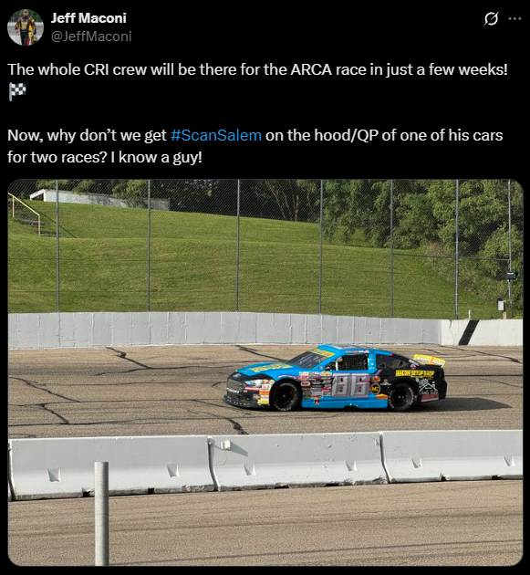 We have a post here that indicates possible <a href="/ARCA_Racing/">ARCA Menards Series</a> exposure on Sep 20 to the #scanSalem Feature which is now in Lap 8. <a href="/iRacing/">iRacing</a> check this out! Will we hear from you before then?  

<a href="/JeffMaconi/">Jeff Maconi</a>, we bet fans would pay to see this! <a href="/iRacing/">iRacing</a>, by no means does this comment mean