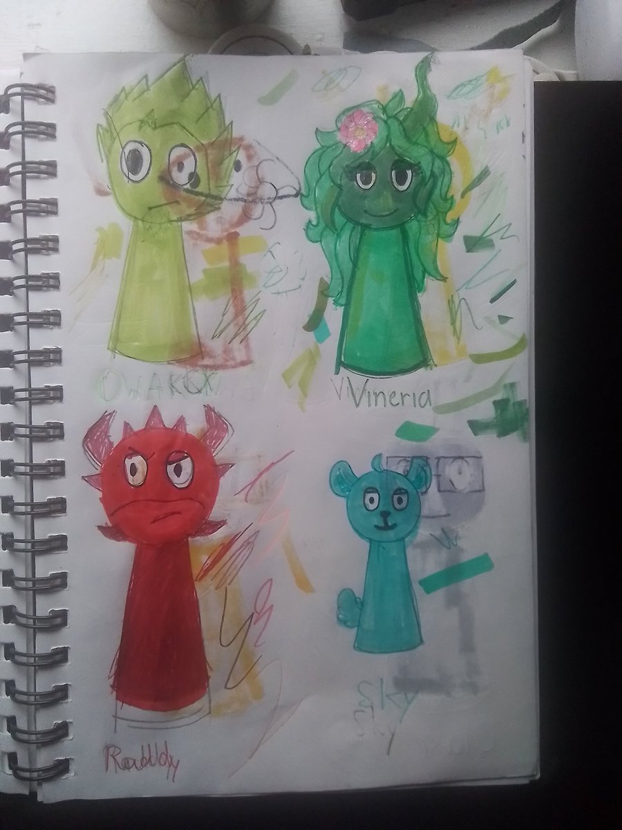 JulianArro99636's tweet photo. #sprunki turns 1 year old today so here's my take on the characters I drew in my sketchbook this is all from June #SprunkiFanart #SprunkiIncredibox #Oren #Pinki #Gray #Wenda #OWAKCX #Vineria #Raddy #Sky #Simon #brud #Clukr #Garnold #Durple #Tunner #Funbot #MrFunComputer https://t.co/LhdSWixSZ5