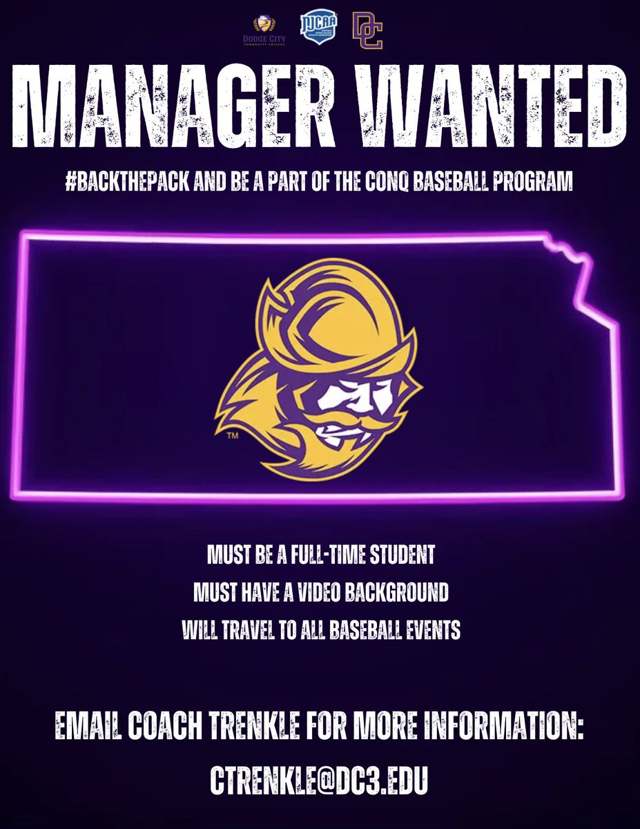 🚨DC3 STUDENTS🚨

We are looking for a student manager to be a part of the Dodge City Baseball Program. The manager must be a full-time student at DC3, and have a video background. You will be traveling to all baseball events. 

For more information, contact the email below!