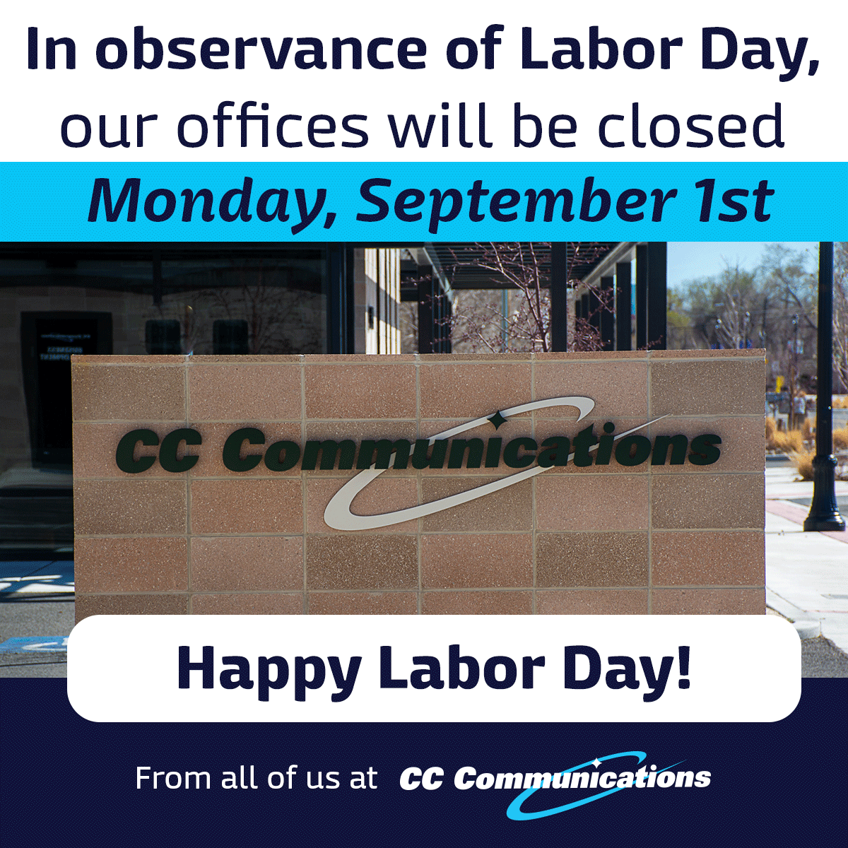 CCComm_Nevada's tweet image. In observance of Labor Day, our offices will be closed on Monday, September 1, 2025. Have a safe and happy Labor Day from all of us at CC Communications!

#LaborDay #HappyLaborDay #LaborDayWeekend #CCCommunications