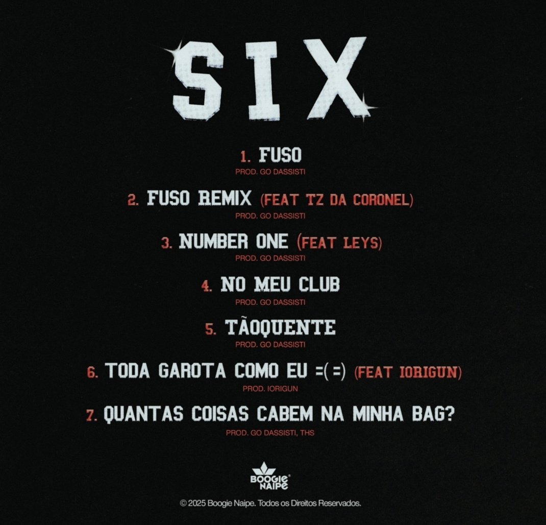 Confira a tracklist oficial de ‘SIX’, novo EP da Duquesa, que conta com participações de Tz da Coronel, LEYS e IORIGUN.

Ansiosos?