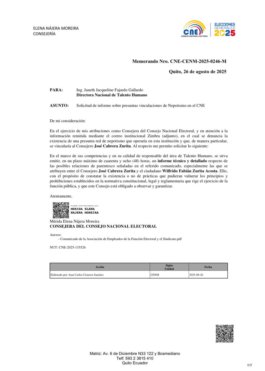 Frente a un nuevo mensaje enviado mediante correo institucional zimbra, he solicitado a la dirección de Talento Humano del <a href="/cnegobec/">cnegobec</a>, que entregue información #URGENTE ante un posible caso de NEPOTISMO vinculado directamente con el consejero José Cabrera Zurita.
