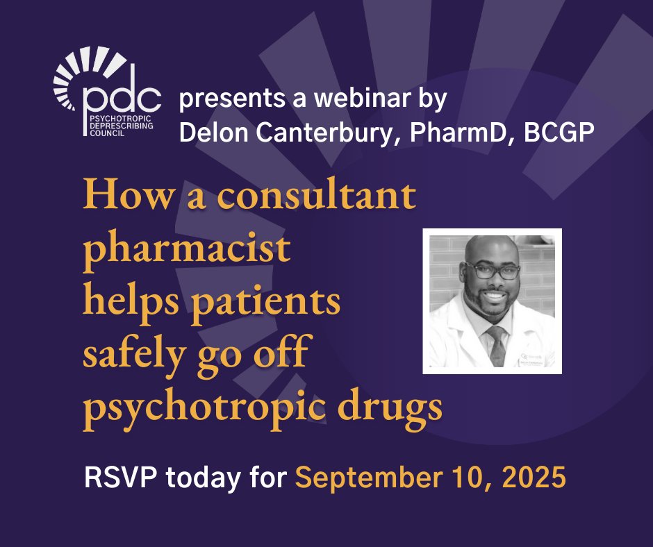 PsychotropicDC's tweet photo. Register today! On September 10, pharmacist Dr. DeLon Canterbury talks about how he established an independent deprescribing practice and his methods for deprescribing psychotropics, illustrated by a case study. Donation requested. For more information,  https://t.co/41ZzjvbWM4 https://t.co/7Nz4sH4Vp3