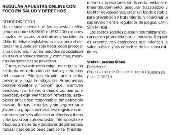 Odecu Chile (@odecuchile) on Twitter photo Hoy en <a href="/latercera/">La Tercera</a>, <a href="/stefanlarenas/">Stefan Larenas Riobó</a> de #ODECU plantea acerca de las apuestas online en Chile, la urgencia de una regulación que ponga en el centro la salud mental, la prevención del juego problemático y la protección de los derechos de las personas consumidoras.
#apuestasonline Hoy en <a href="/latercera/">La Tercera</a>, <a href="/stefanlarenas/">Stefan Larenas Riobó</a> de #ODECU plantea acerca de las apuestas online en Chile, la urgencia de una regulación que ponga en el centro la salud mental, la prevención del juego problemático y la protección de los derechos de las personas consumidoras.
#apuestasonline