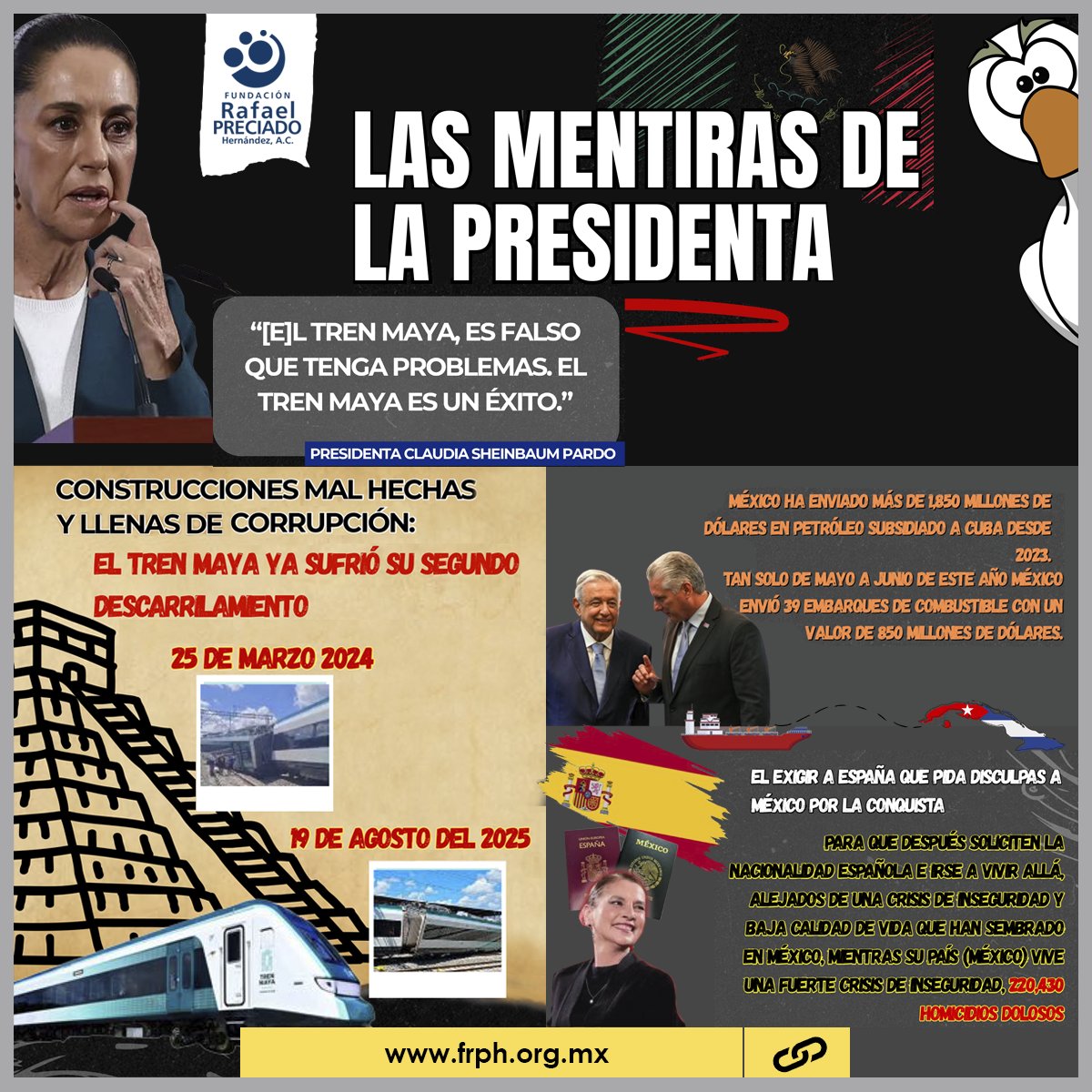 FRPH's tweet photo. Tren Maya. Hoy en la serie “Las Mentiras de la Presidenta”, revisaremos y te presentaremos todas las promesas y mentiras que la Presidenta expone durante sus conferencias mañaneras y en sus acciones de gobierno. Conócelas aquí https://t.co/jXZXUrI3dL https://t.co/hP9kNsBFFH