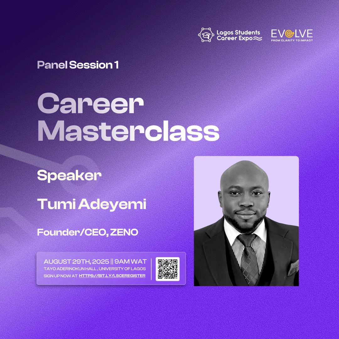 How do you move from where you are now to where you want to be in your career?

Join  TUMIADEYEMI  <a href="/skryptz09/">Tumi Adeyemi</a>, the Founder/CEO of ZENO as he shares insights and real lessons from his journey to help you grow with clarity and confidence.

📅 August 29, 2025
🕘 9AM
📍 UNILAG